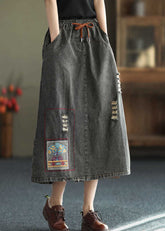 Black Side Open Embroideried Pockets Cotton Denim Ripped Skirt